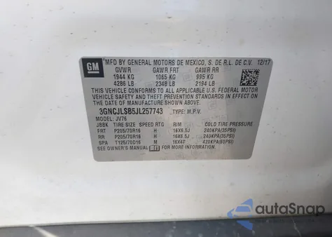 2018 Chevrolet Trax Lt z USA, uszkodzony, nr VIN 3GNCJLSB5JL257743